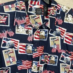 Cotton Traders‎ Shirt Mens Sz XXL USA American Flag Patriotic Eagle Post Stamp